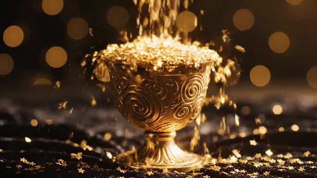 Golden champagne fountain sparkling in bubbles slow motion