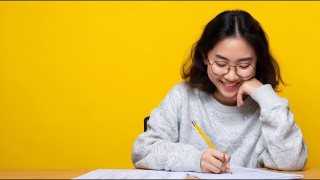 Creative asian student having an idea while studying and writing against a vibrant yellow background