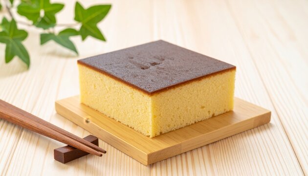 A perfect square slice of Japanese Castella cake presented on a wooden board with subtle garnish