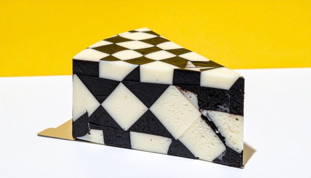 A perfectly geometric slice of checkerboard cake with contrasting black and white patterns
