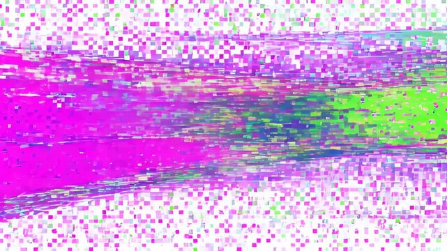 Glitch digital effect colourful horizontal abstract pattern with magenta and green pixel noise, colourful horizontal streak with abstract pixel noise and bright neon gradient white background