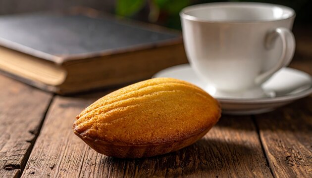 A single golden madeleine cake with shell shape on a rustic wooden table beside a white teacup.