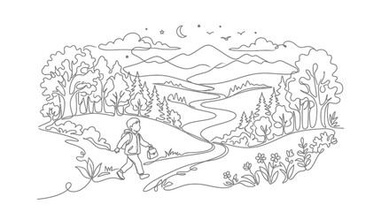 Obraz premium Child enjoys landscape walk, line art scene