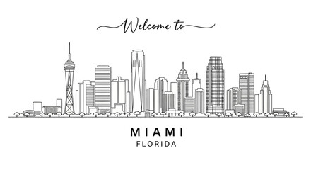 Obraz premium Miami Skyline Black and White Line Art Vector | Cityscape Silhouette