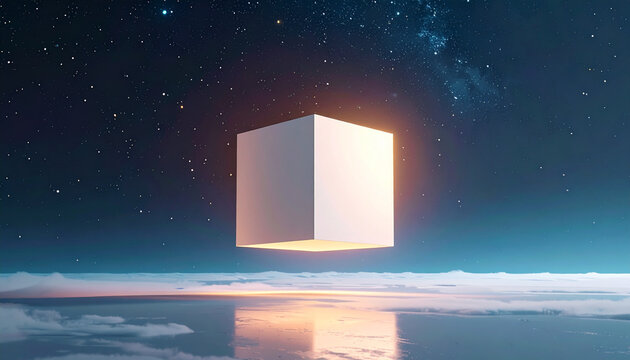 Glowing cube floating in space with starry night sky and clouds