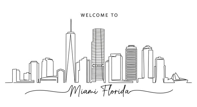 Miami Skyline Continuous Line Drawing - Welcome to Miami Florida Text
