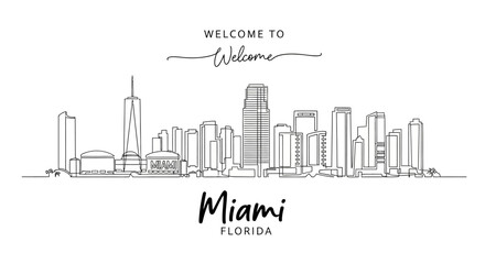 Fototapeta premium Miami Skyline Line Art - Welcome to Florida Cityscape Illustration