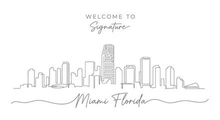 Fototapeta premium Miami Skyline Line Drawing, Welcome to Signature, Florida Cityscape Art