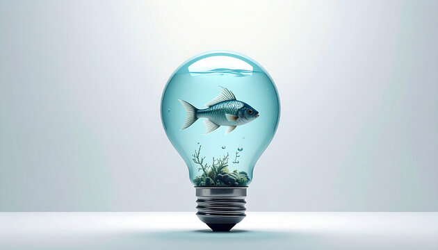 Fish swimming in light bulb aquarium with plants