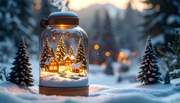 Snowy village scene in a glass jar with pine trees and warm lights
