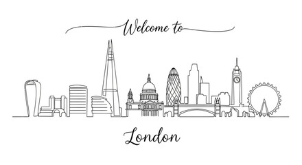 Naklejka premium Minimalist London Skyline Line Art with Welcome Text - Iconic Landmarks