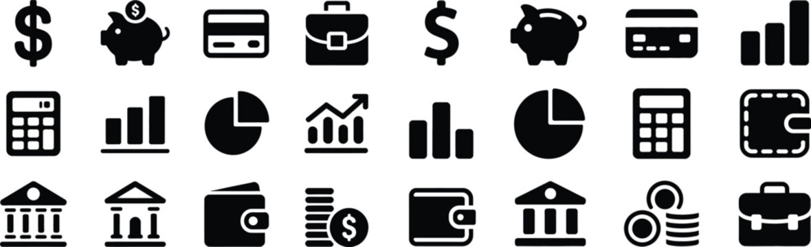 Financial icons including dollar signs piggy banks credit cards briefcases charts calculators