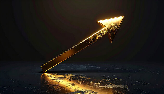 Shining gold arrow pointing up on dark surface