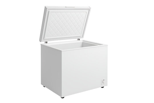 White deep freezer with open lid isolated on transparent background