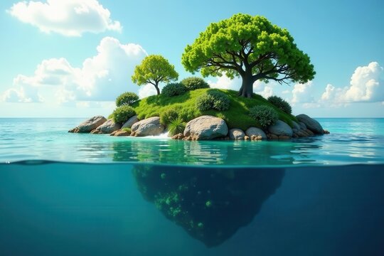 Lush vegetation thrives on a self-sufficient floating island Water cycles through bio-coral , floating island, organic
