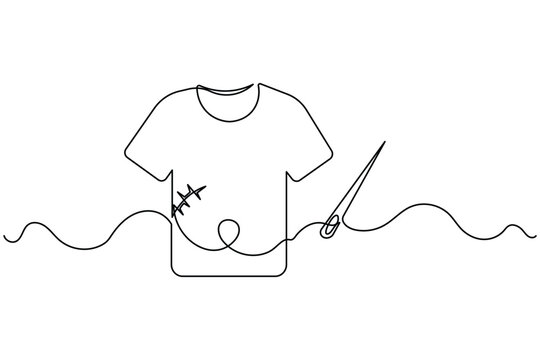 Continuous one line drawing of a t-shirt and needle representing fashion design and sewing concept