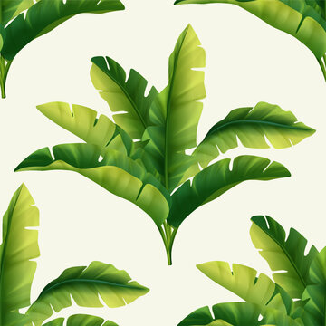 Realistic vector seamless pattern with lush green tropical banana leaves on a light background. Exotic botanical foliage repeat for wallpaper, textile, fabric and wrapping paper design.