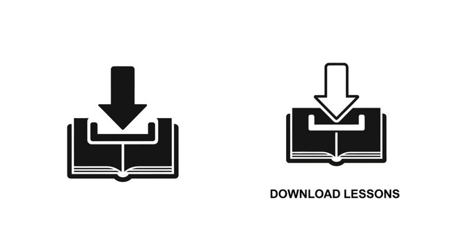 Download lessons icon set with book and arrow symbols.