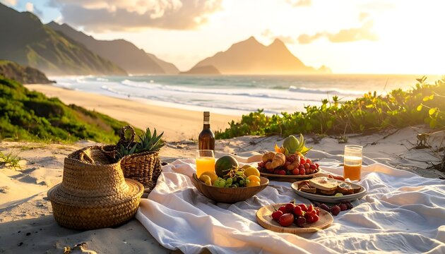 A serene beachside picnic setup with a white blanket and a delicious spread