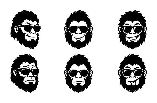Bigfoot Faces Vector Icons, Mythical Creature Expressions Set, Cool Yeti Head Emoticons, Cryptid Character Avatars, Sunglasses Style
