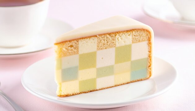 A delightful slice of traditional English Battenberg cake with a checkerboard pattern and marzipan topping