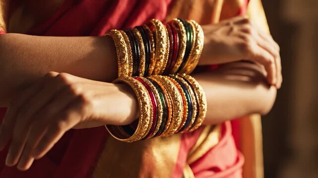 Woman's hands adorned with traditional indian gold and colorful bangles on red sari