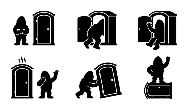 Bigfoot Portable Toilet Icons, Sasquatch Bathroom Silhouettes, Humorous Outdoor Restroom Graphics, Set of 6 Vector Elements