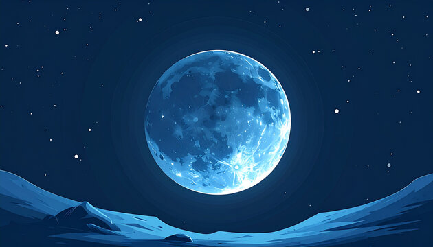 Moon on Night Sky with Stars and Mountains