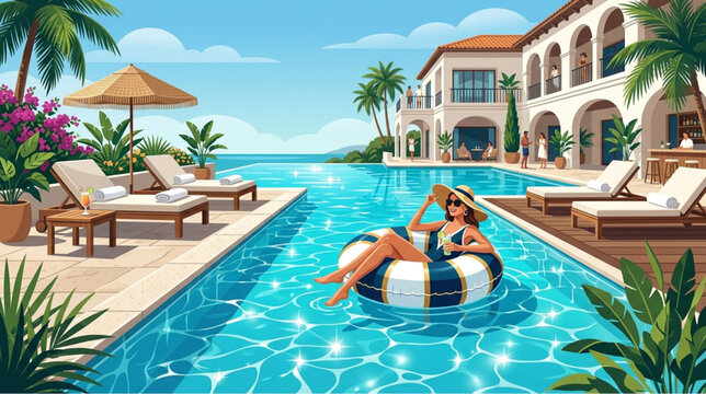 Luxury poolside resort, tropical vacation getaway, summer relaxation scene, infinity pool isolated on Transparent Background