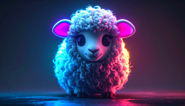 Cute sheep with neon lights on its woolly fur