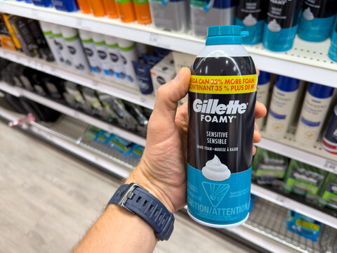 Gillette Foamy Sensitive Shaving Cream Bottle On Store Shelf