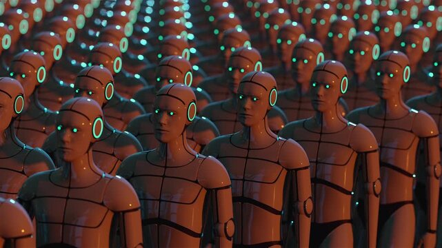 Seamless 3d animation loop of an army of identical futuristic androids. Abstract visualization of artificial intelligence, cloning and technology evolution. Cinematic sci-fi video for tech projects.