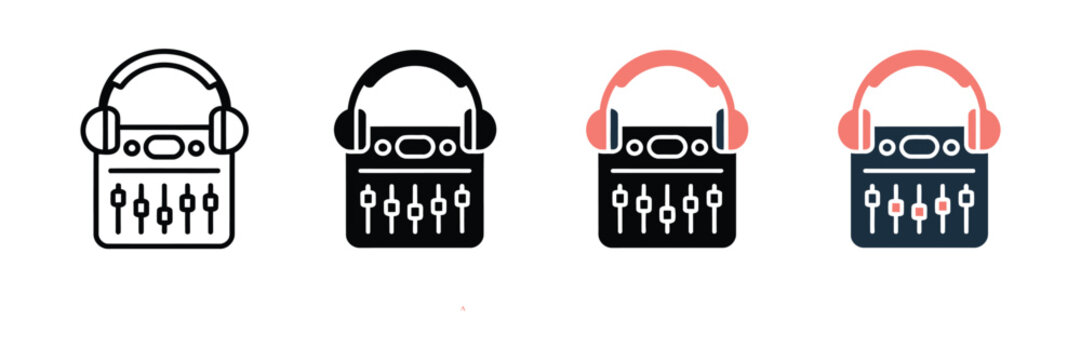 Set of audio mixing console with headphones icons, music production equipment, sound recording studio vector