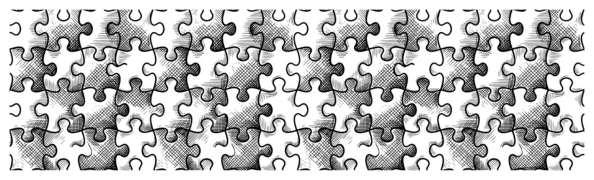Jigsaw puzzle pieces seamless pattern hand drawn in vintage engraving style