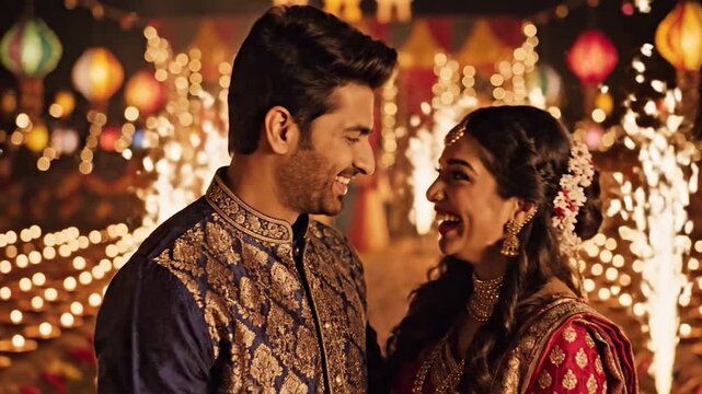 Couple in traditional indian wedding attire embracing and laughing together with festive lights