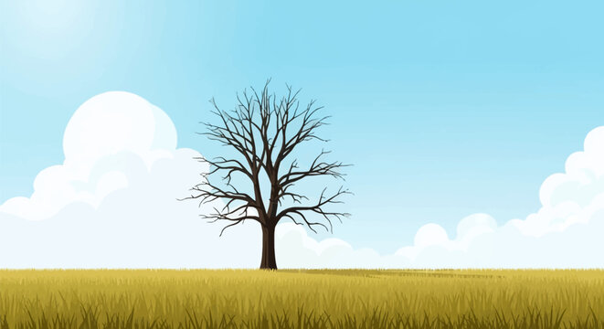 Minimalist vector illustration of a single leafless dead tree standing in a vast field of golden yellow grass under a bright blue sky with large white clouds in the background.
