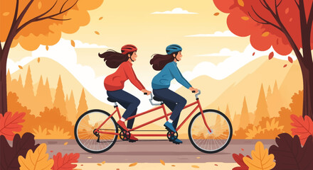 Fototapeta premium Vector illustration of two women wearing helmets and sweaters riding a red tandem bicycle on a rural path through an autumn forest landscape with colorful falling leaves.