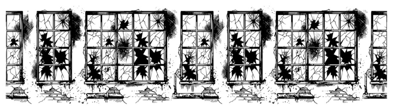 Broken factory windows on old brick wall in sketch style