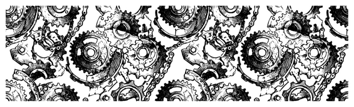 Mechanical gears and chains seamless pattern in vintage engraving style
