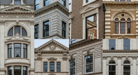 Fototapeta premium Collage of ornate architectural details on historic buildings with various windows