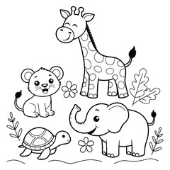 Obraz premium Black and white of smiling giraffe lion turtle and elephant with flowers smiling animals