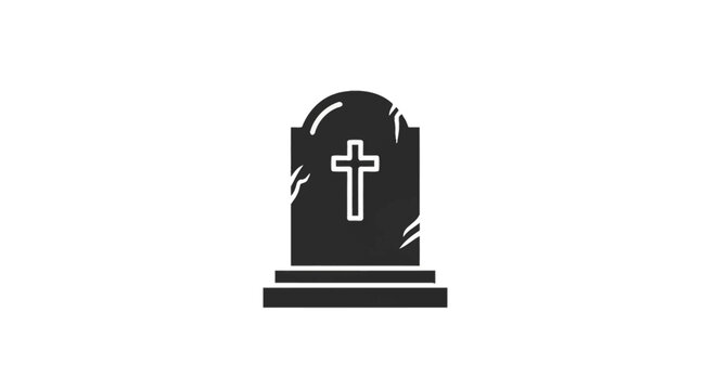 Black gravestone silhouette icon featuring a white Christian cross and subtle crack details on a tiered base. Minimalist headstone vector illustration isolated on a white background.