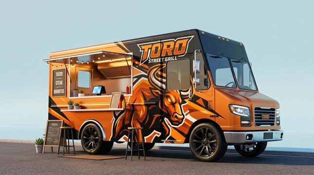 Stylized bull mascot food truck in 45 degree angle view
