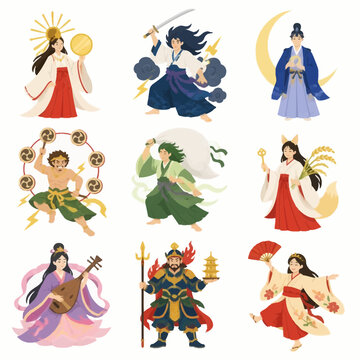 Vector illustration set of nine traditional Japanese Shinto and Buddhist deities including Amaterasu, Susanoo, Tsukuyomi, Raijin, Fujin, Inari, Benzaiten, Bishamonten, and Ame-no-Uzume.