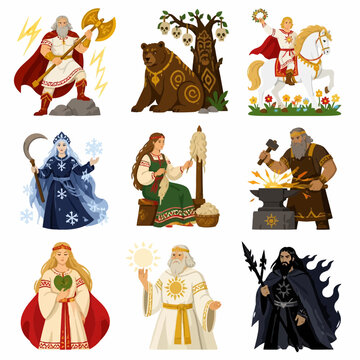 Set of Slavic pagan gods and goddesses illustrations including Perun with axe, Veles with bear, Yarilo on horse, Marzanna, Mokosh spinning, Svarog smithing, Lada, Belobog, and dark Chernobog.