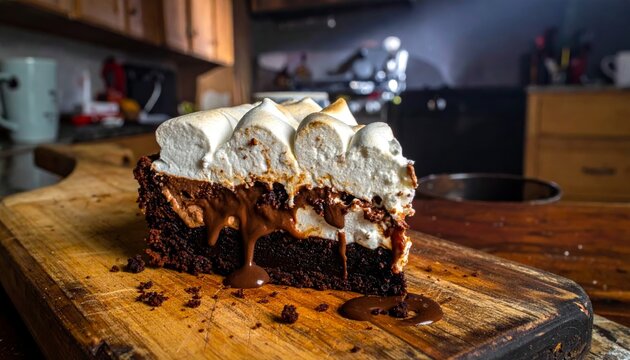 A rich, decadent slice of Mississippi mud pie cake with gooey chocolate and toasted meringue