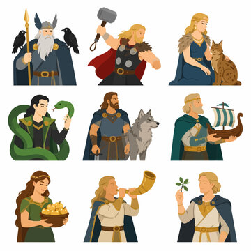 Vector set of nine Norse mythology characters featuring Odin with ravens, Thor with hammer, Freyja with lynx, Loki with snake, Tyr with wolf, Njord with ship, Idunn, and Heimdall.