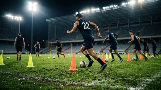 Soccer players training on a green field with cones at night stadium