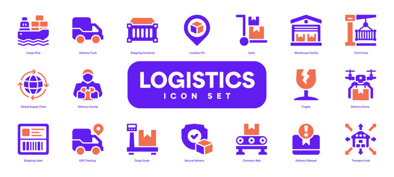 Collection of purple and orange logistics and delivery glyph icons on a white background, including cargo ship, truck, drone, warehouse, and shipping container.