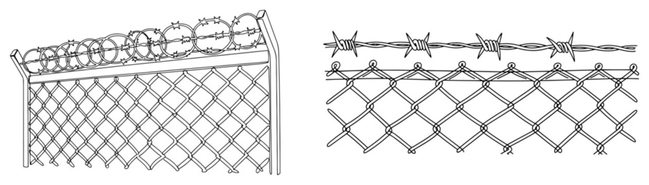 Barbed wire and security fence collection for protection in minimalist line art style